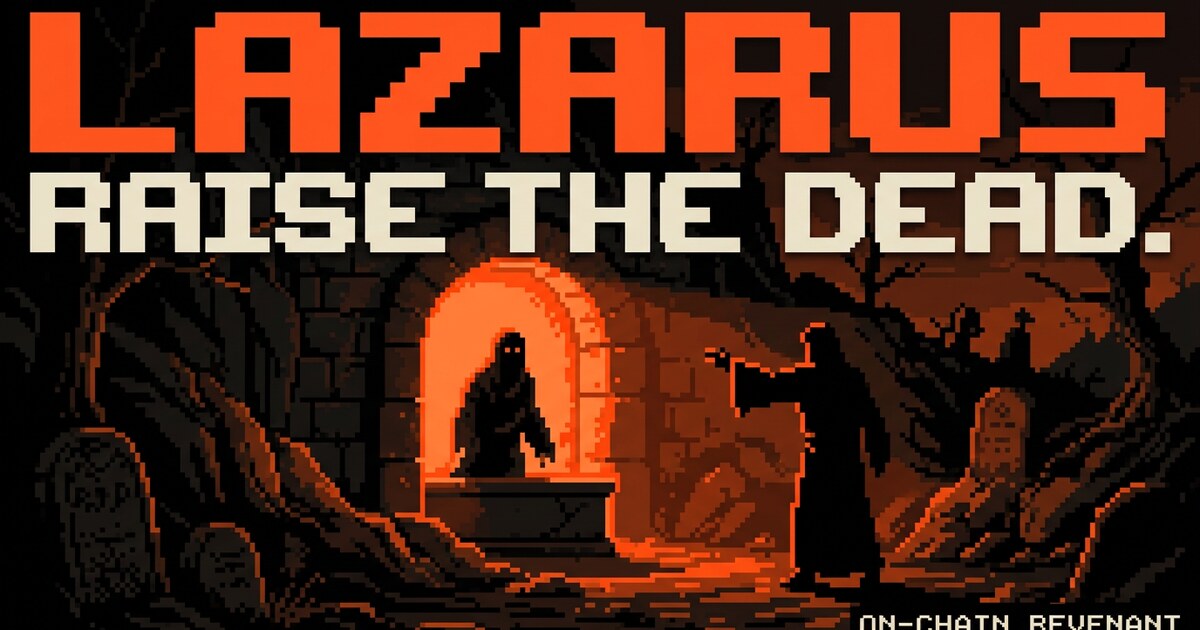 Pixel-art scene of a stone tomb with a shrouded figure rising from inside and a robed figure outside with one arm extended, with the LAZARUS · RAISE THE DEAD title overlaid.